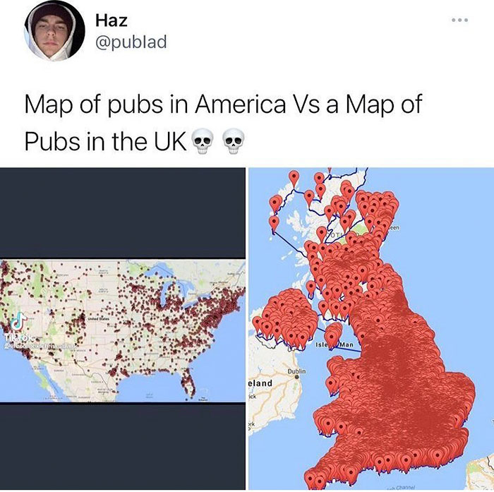 funny pics -- Map of pubs in America Vs a Map of Pubs in the Uk