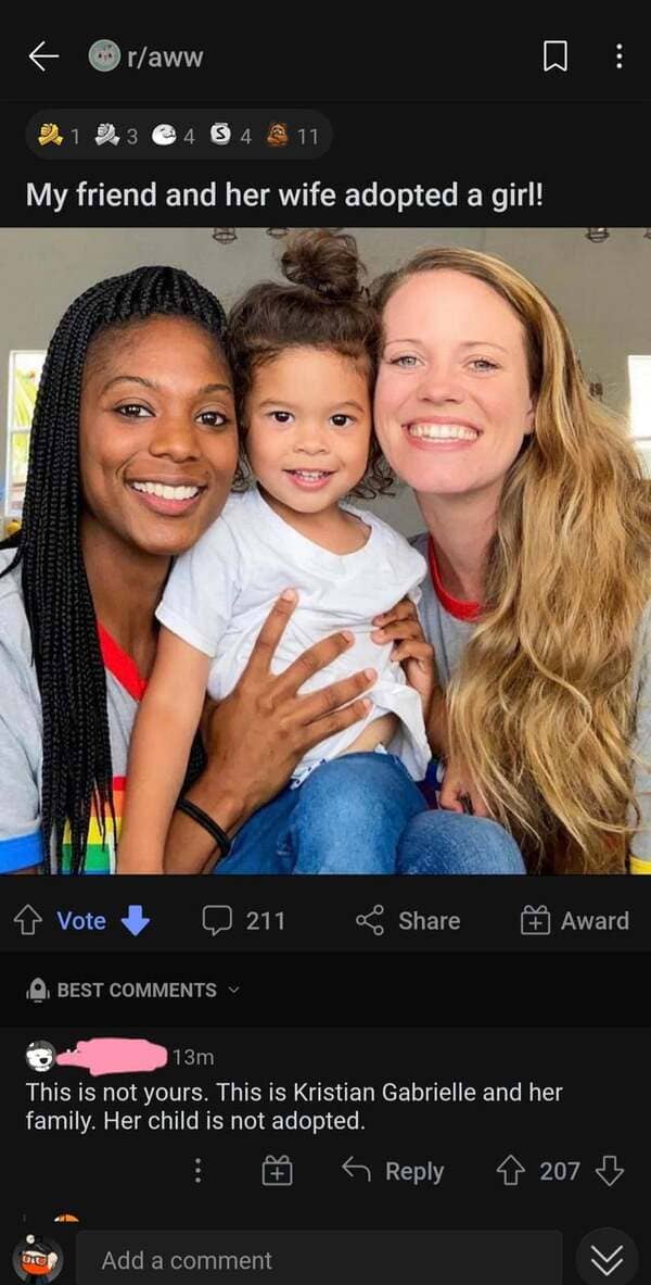 liars called out -  My friend and her wife adopted a girl! Vote 211 Award Best v 13m This is not yours. This is Kristian Gabrielle and her family. Her child is not adopted. 6 207 3 00 Add a comment
