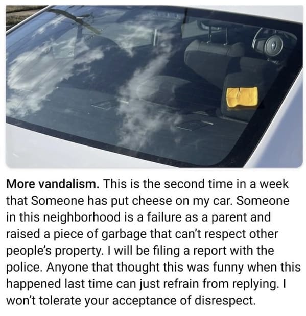 funny next door posts - More vandalism. This is the second time in a week that Someone has put cheese on my car. Someone in this neighborhood is a failure as a parent and raised a piece of garbage that can't respect other people's property. I will be fili