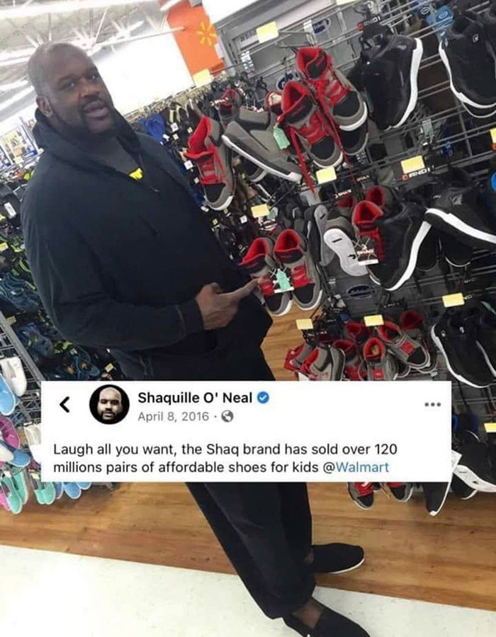 heartwarming pics - walmart shaq shoes - Shaquille O'Neal Laugh all you want, the Shaq brand has sold over 120 millions pairs of affordable shoes for kids