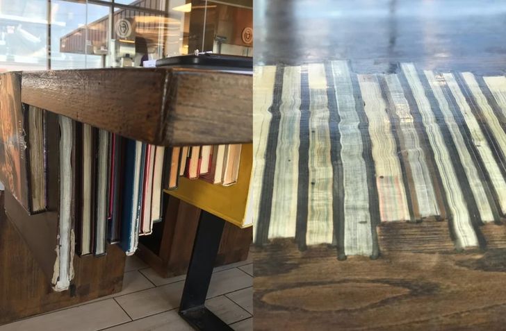 “This table is made with recycled books.”