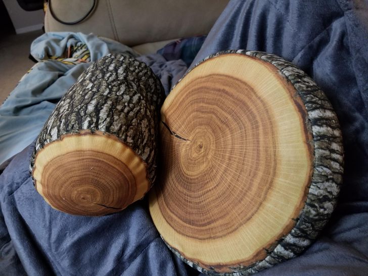 “These pillows that look like a tree cookie and a log.”