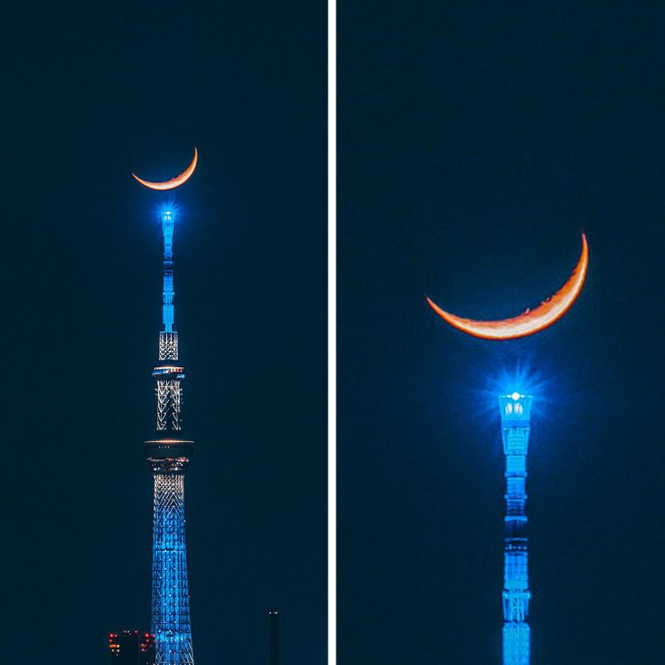 A crescent moon above Tokyo’s Skytree