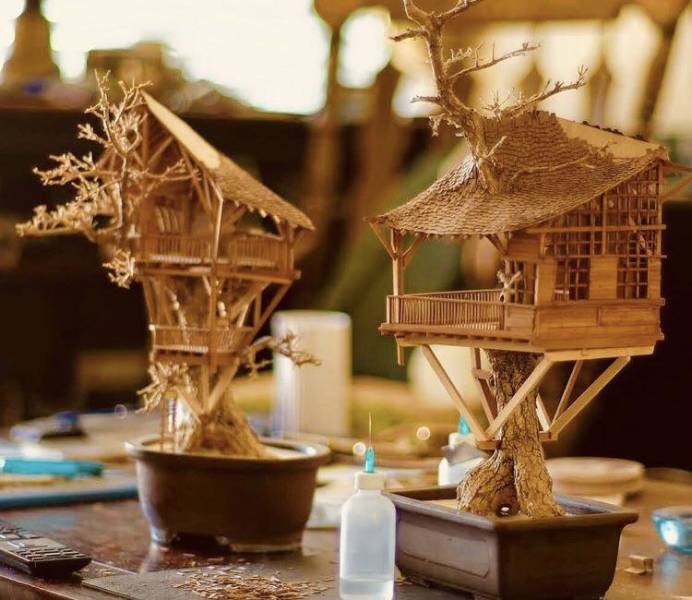 “Mini treehouses made from dead bonsai trees.”