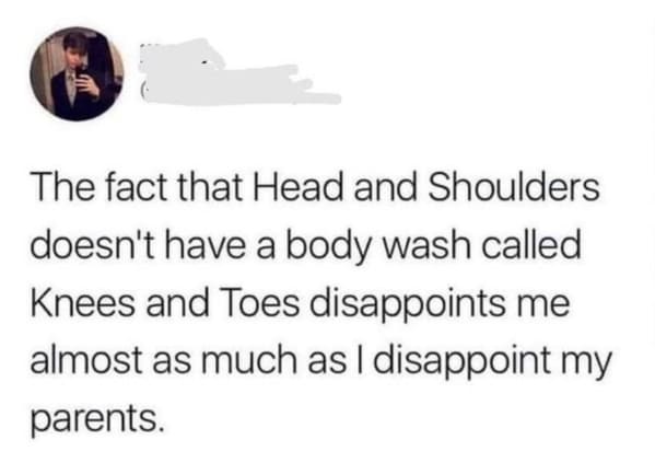 funny roasts - The fact that Head and Shoulders doesn't have a body wash called Knees and Toes disappoints me almost as much as I disappoint my parents.