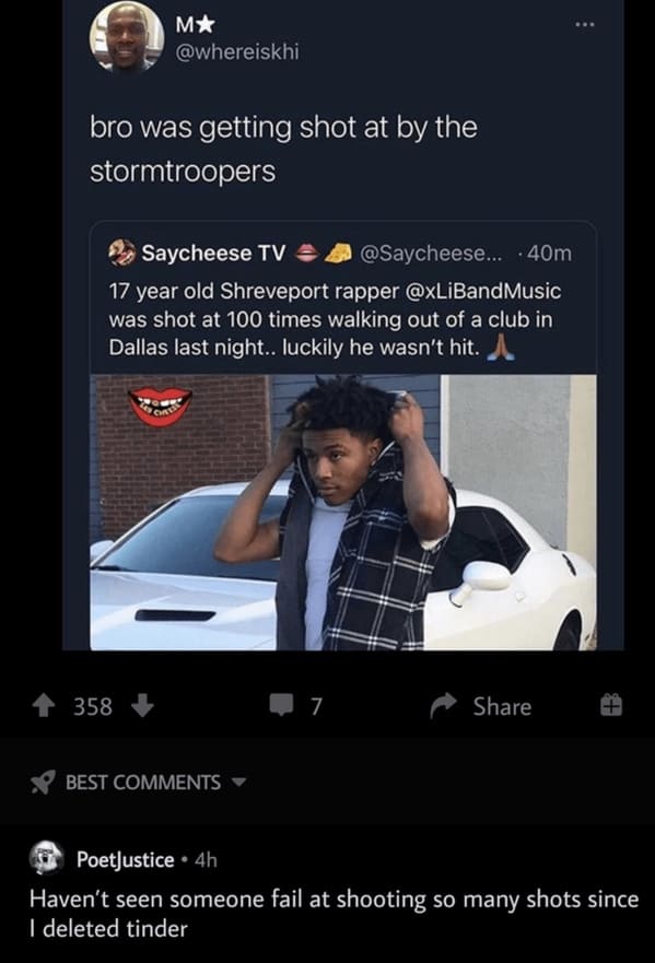 funny roasts - 17 year old rapper shot at 100 times - bro was getting shot at by the stormtroopers