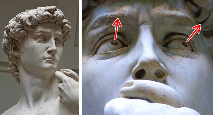 Michelangelo’s David is a masterpiece of human anatomy, but there is one anomaly. The right eye looks straight forward while the left eye appears to be looking out to the left. Michelangelo probably calculated every angle and carved out the eyes counting on the position of the viewer, so the statue would look perfect from different sides.