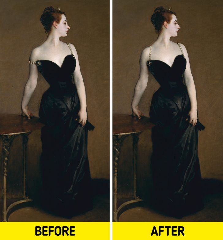 Painting Madame X is known for a small scandal that happened because of her straps. The way you can see the artwork nowadays wasn’t supposed to be this way. Originally one strap of her gown had fallen down on her right shoulder, suggesting the possibility of further revelation.

The public didn’t like this revealing detail and Sargent painted over the shoulder strap to raise it up so it looks more securely fastened.