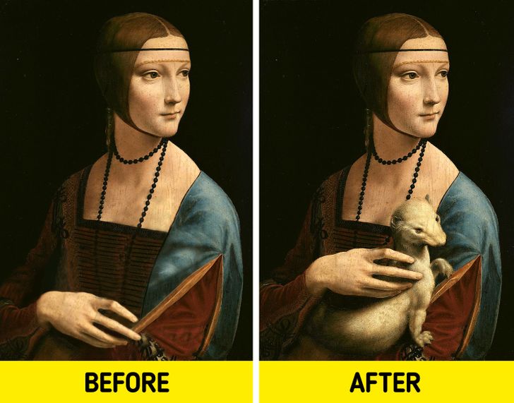 This could be funny, but the painting Lady with an Ermine originally didn’t have an ermine. Research showed that Leonardo da Vinci kept changing his mind. Reflective light technology revealed several layers. The artist painted one portrait without the ermine and 2 with different versions of the fur.