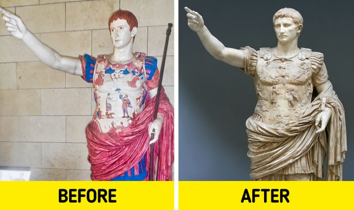 We’ve gotten used to associating classical Greek sculptures with white marble. Turns out there is evidence that many statues were painted in colors. With time the colors were weathered off and removed during cleaning. Some small traces remained so it’s possible to identify which colors were used and where.