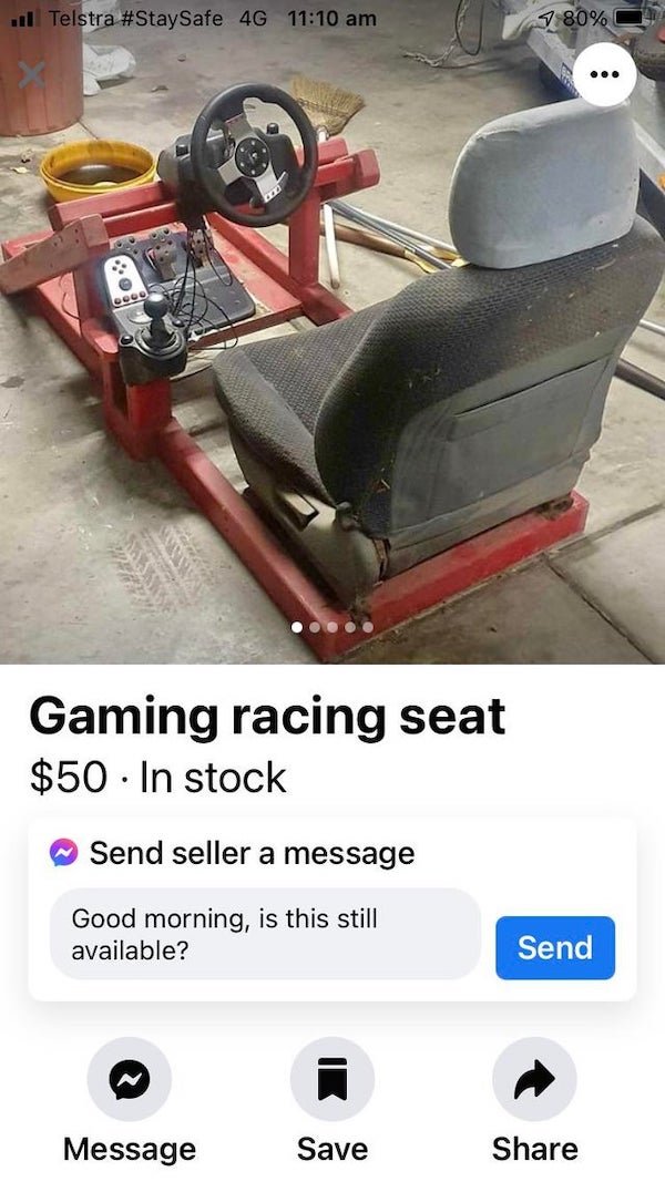scooter - il Telstra 4G 1 80% Deco .@@ Gaming racing seat $50 In stock Send seller a message Good morning, is this still available? Send Message Save