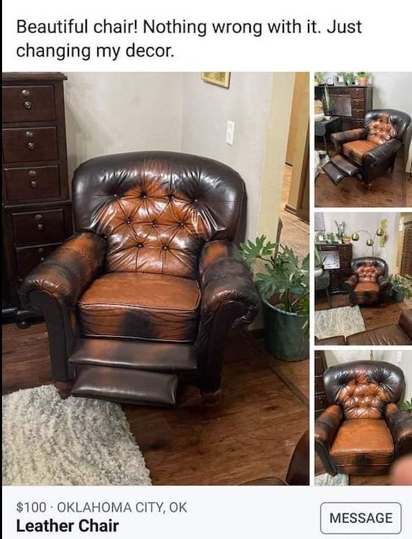 living room - Beautiful chair! Nothing wrong with it. Just changing my decor. $100. Oklahoma City, Ok Leather Chair Message