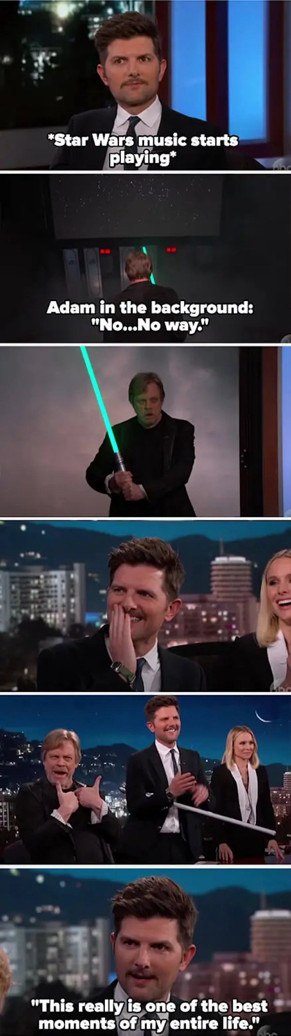 That one time he surprised Adam Scott, a GIGANTIC Star Wars nerd, on Jimmy Kimmel.