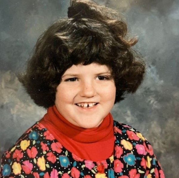 1995, age 10. I loved that dress and turtleneck combo and wore it everywhere. My mom cut my hair with a Flowbee at home.