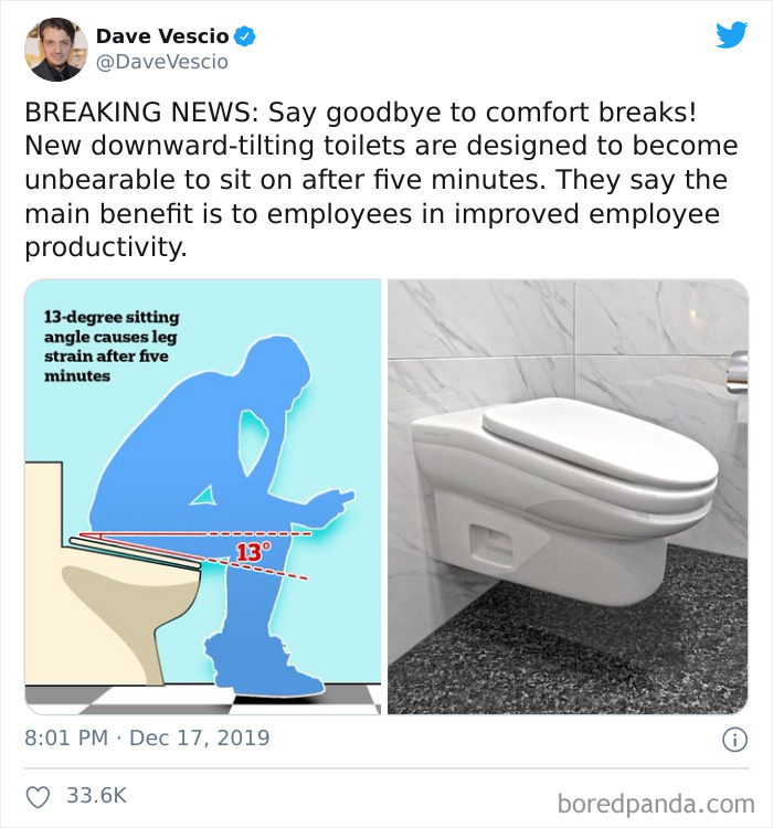 sloped toilet - Dave Vescio Breaking News Say goodbye to comfort breaks! New downwardtilting toilets are designed to become unbearable to sit on after five minutes. They say the main benefit is to employees in improved employee productivity 13degree sitti