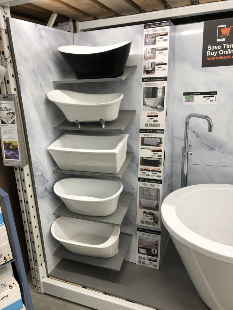 “This Home Depot has little mini bathtubs for display purposes.”