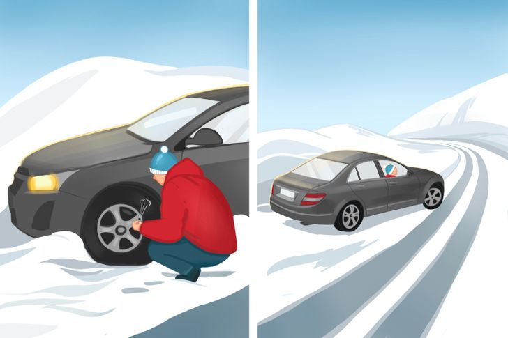 life-saving tips - person letting air out of their car's tires stuck in the snow