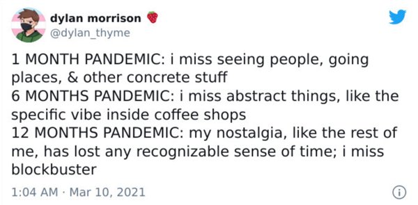 justine skye sheck wes twitter - dylan morrison 1 Month Pandemic i miss seeing people, going places, & other concrete stuff 6 Months Pandemic i miss abstract things, the specific vibe inside coffee shops 12 Months Pandemic my nostalgia, the rest of me, ha