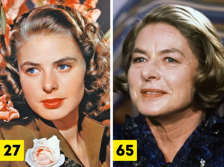 Ingrid Bergman (ages 27 and 65)