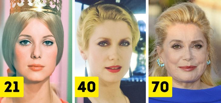 Catherine Deneuve (ages 21, 40, and 70)