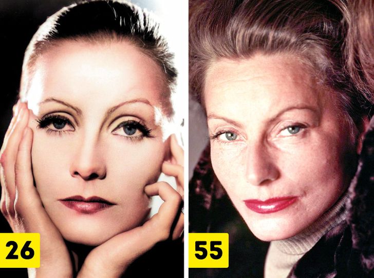 Greta Garbo (ages 26 and 55)