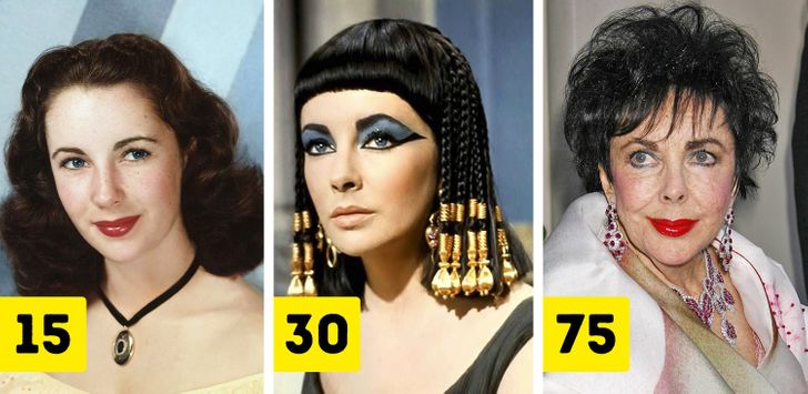 Elizabeth Taylor (ages 15, 30, and 75)