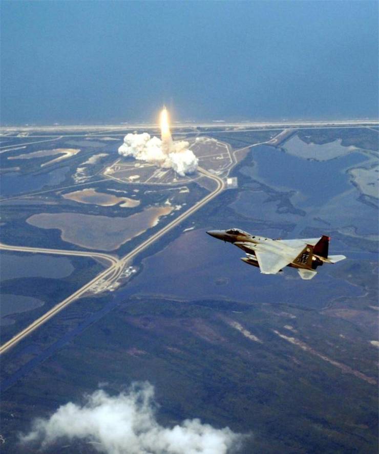 “F-15 supervised launch of the space shuttle.”