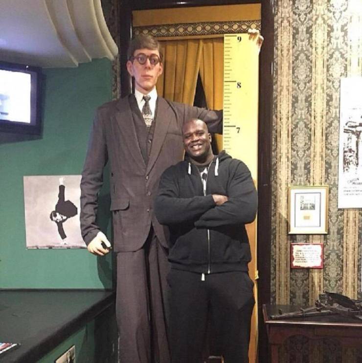 “Robert Wadlow life size replica statue and Shaq standing next to him.”