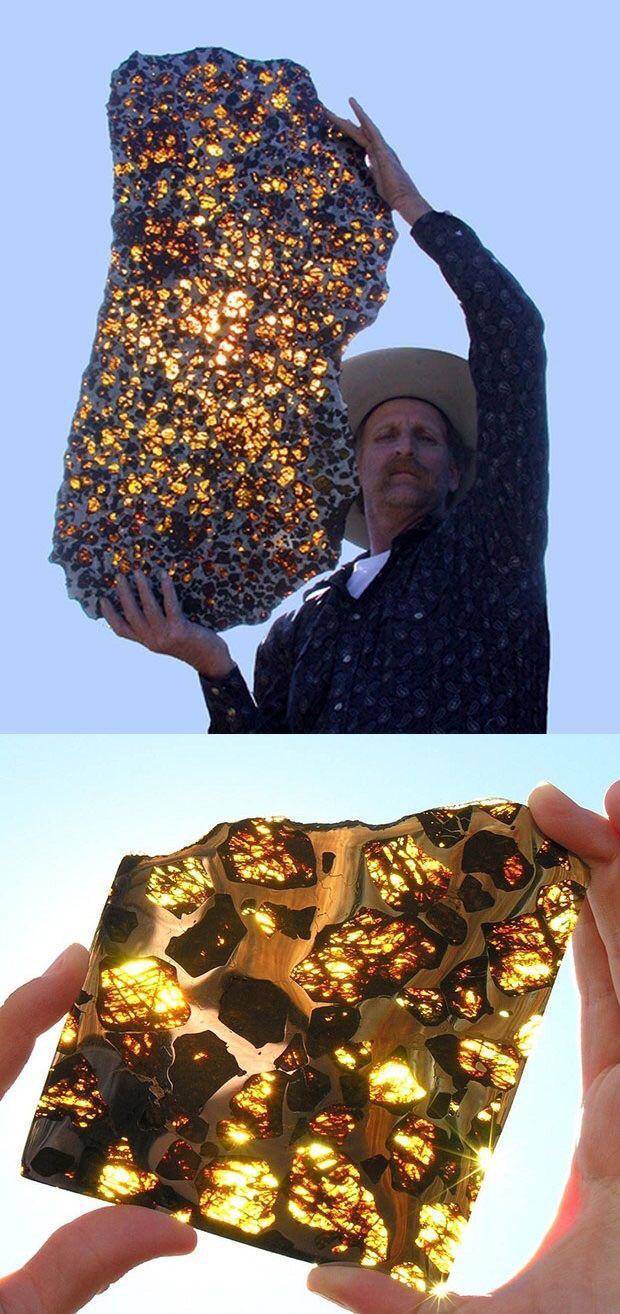 “Rare Meteorite, known as Fukang Meteorite, in sunlight.”