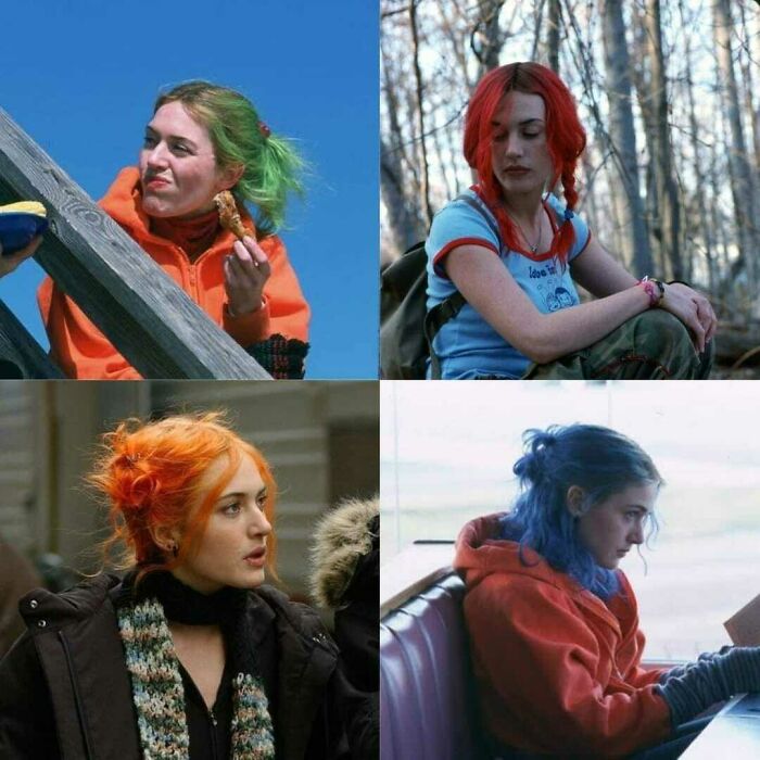 In the movie Eternal Sunshine of the Spotless Mind (2004), the female's hair colour is a reference to the various stages of her relationship with Joel -
1. Green - The stage of their relationship when her hair is dyed green
2. Red and Orange - The stage of their relationship when her hair is dyed red and then subsequently orange
3. Blue - Blue stage