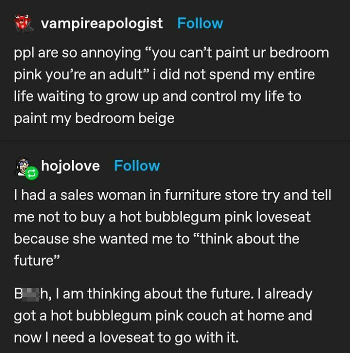 surprisingly wise quotes - vampireapologist ppl are so annoying you can't paint ur bedroom pink you're an adult i did not spend my entire life waiting to grow up and control my life to paint my bedroom beige hojolove I had a sales woman in furniture store