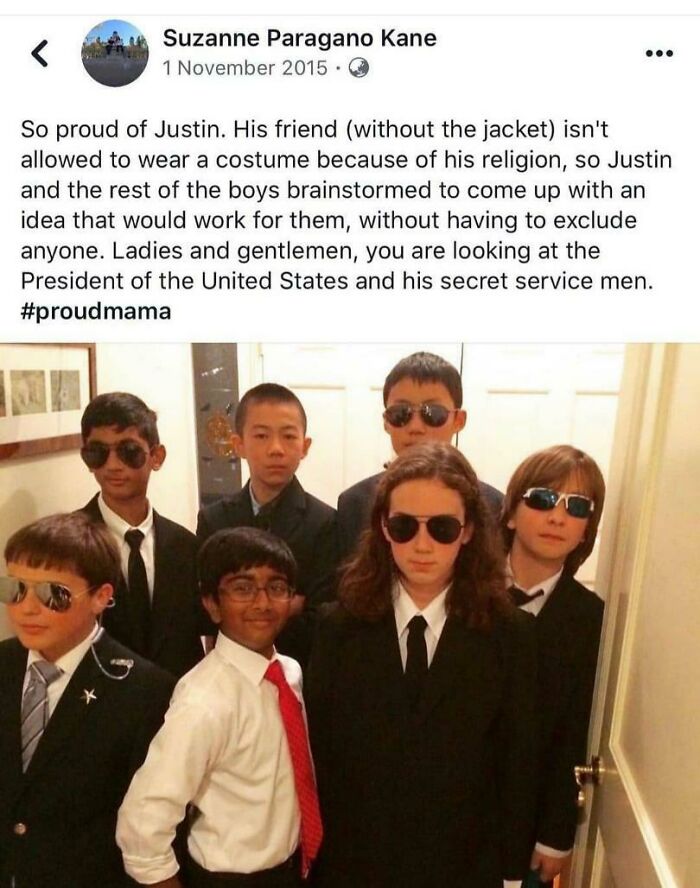 photo caption - Suzanne Paragano Kane ... So proud of Justin. His friend without the jacket isn't allowed to wear a costume because of his religion, so Justin and the rest of the boys brainstormed to come up with an idea that would work for them, without 