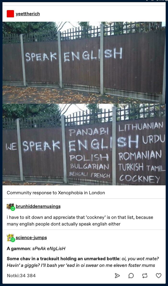 tree - yeettherich Speak English Panjabi Lithuanian We Speak English Urdu Polish Romanian Bulgarian Bengali French Turkish Tamil Cockney Community response to Xenophobia in London brunhiddensmusings i have to sit down and appreciate that 'cockney' is on t