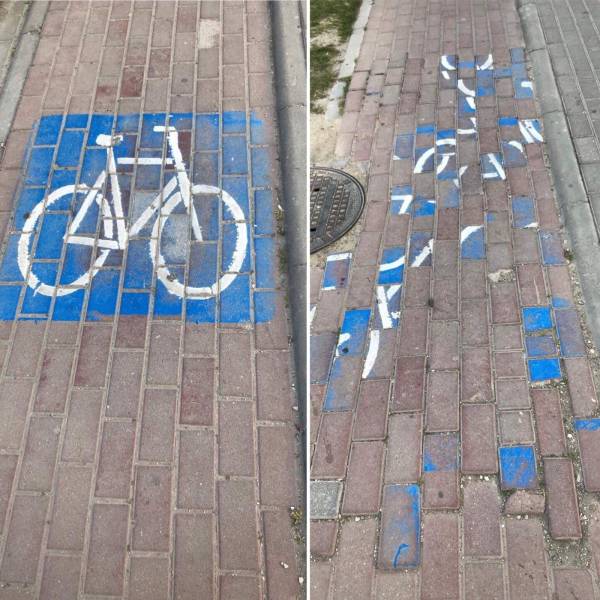 funny pics - mixed up bricks biking lane signage