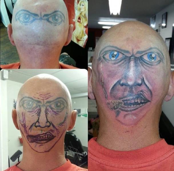 funny pics - face tattoo on back of bald head