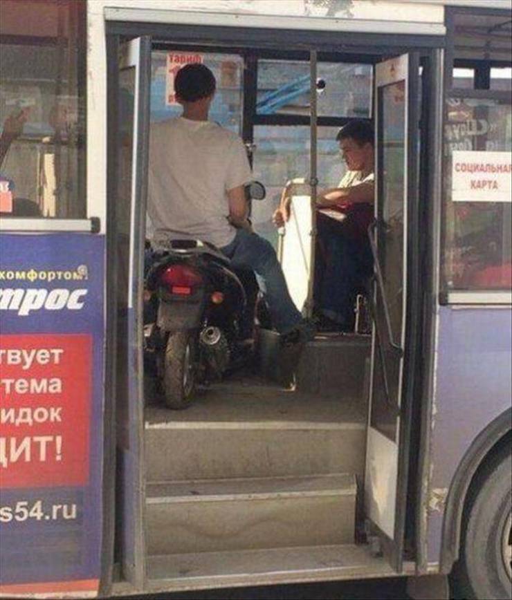 funny pics - guy on scooter on bus