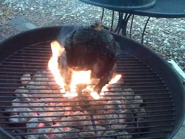 Beer can chicken, failed. This was an attempt to cook dinner for my boyfriend (now husband). I learned what indirect heat meant. And we ordered pizza.