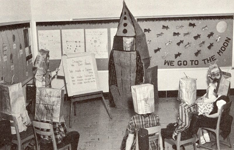 Elementary school class taking an imaginary trip to the moon, Lincoln, Nebraska, 1966