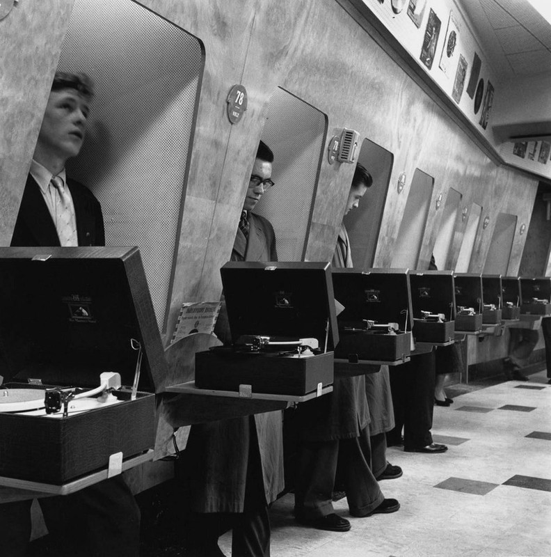 Record listening booths, HMV store London 1954