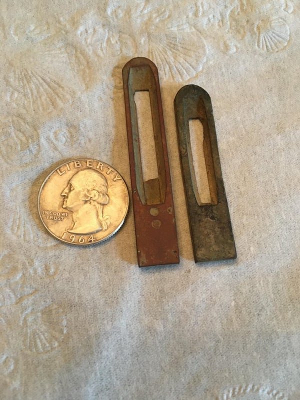 Two small metal objects, found in southwestern PA via metal-detector. Not heavy, nearly the weight of a quarter. Initial guesses are gun-sights or hair/paper clips. Quarter for reference.

A: They look like reeds for an accordion or concertina