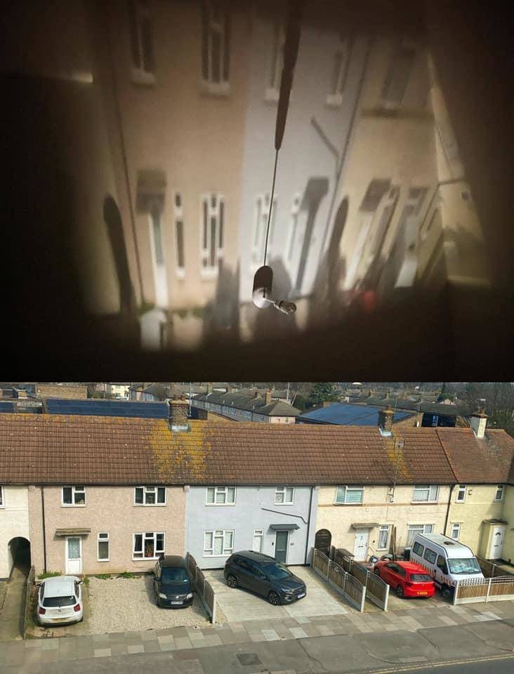 “Some mornings we get a pinhole camera effect projected on the ceiling through the gap in our blackout curtains, showing the street opposite our window.”