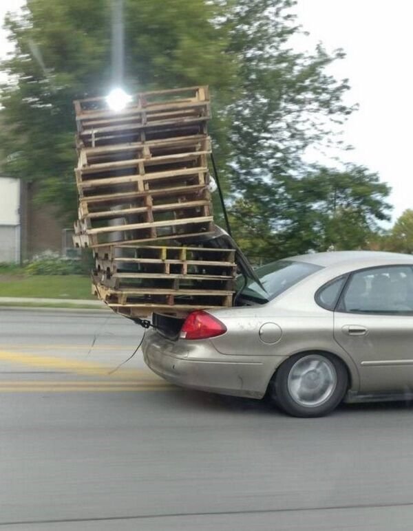 funny fails - pile of wooden pallets in car trunk