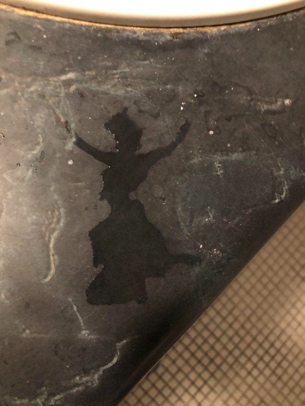 “This water spill on my sink looks like a dancing lady in a dress and top hat.”