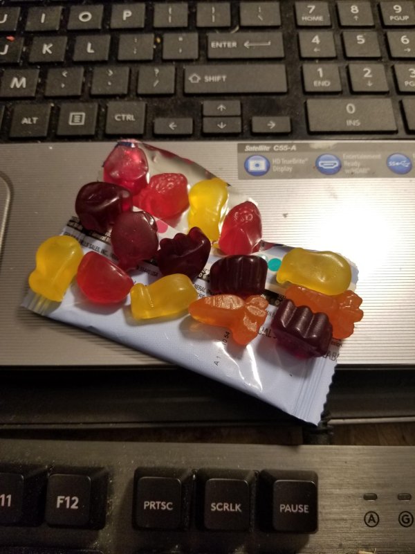 “Opened a pack of fruit snacks that normally contains (5-9) gummies and found 15.”