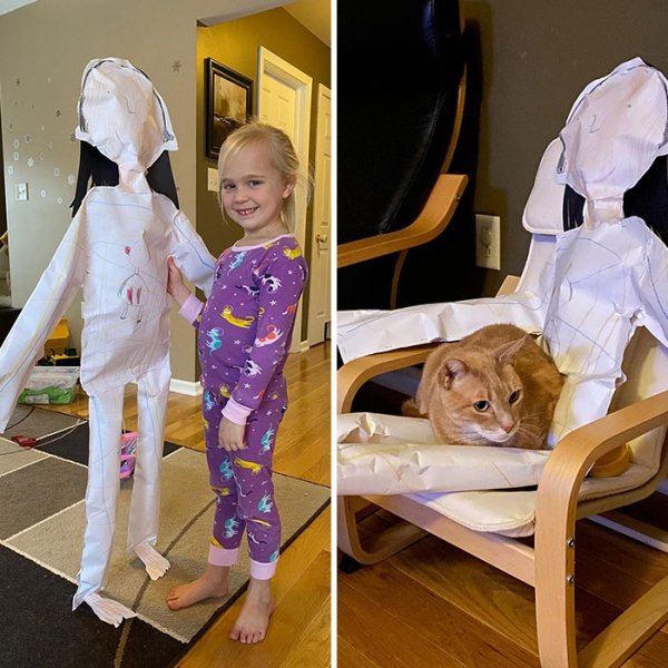 My sister and her family are going on a trip. Though they have a neighbor watching the cats, my niece was concerned that Watzke (their lap cat) would be lonely and missing and lap to sit on, so she made him a friend. To everyone’s surprise Watzke loves the lap of his new paper companion.