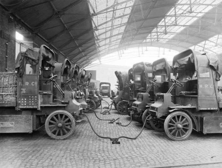 “Electric cars being charged in 1907.”