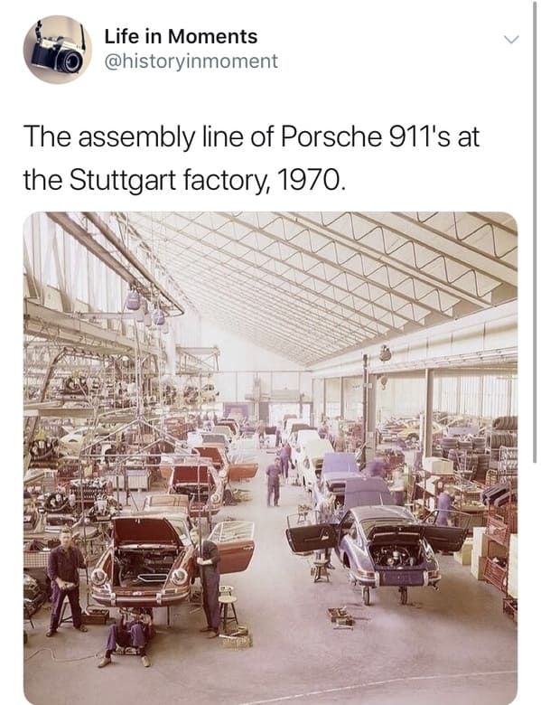 interior design - Life in Moments The assembly line of Porsche 911's at the Stuttgart factory, 1970.
