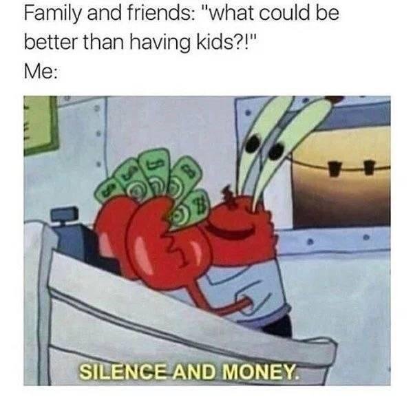 dont want kids meme - Family and friends "what could be better than having kids?!" Me 8 53 Silence And Money.