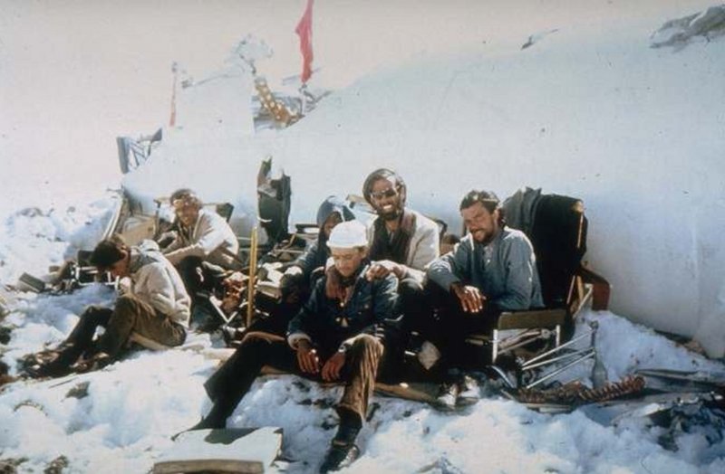 Photo of the survivors of the andes plane crash in 1972. notice the spine laying beside them on the right.
They tried to eat various things from the wreck like leather from suitcases and foam from plane seats before resorting to eating the dead.