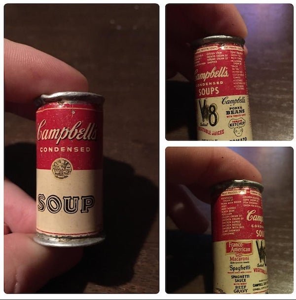 Found this while cleaning a basement, it doesn’t open or anything. Any ideas?

A: My Granny Sue had a set of these in her basement that me and my siblings played with a set of these as kids. There was a whole bunch of name brand cans. I just can’t remember if the Campbell’s soup can looked just like this and was the same size or not. It was a long time ago.